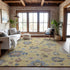 8' X 10' Gold Blue And Ivory Floral Washable Area Rug With UV Protection