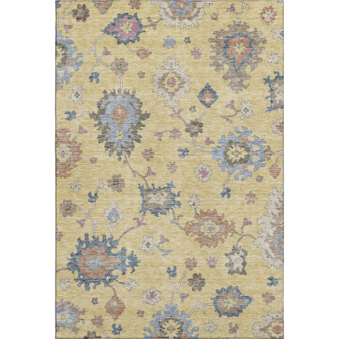 8' X 10' Gold Blue And Ivory Floral Washable Area Rug With UV Protection
