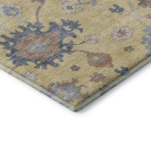 8' X 10' Gold Blue And Ivory Floral Washable Area Rug With UV Protection