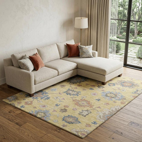 8' X 10' Gold Blue And Ivory Floral Washable Area Rug With UV Protection