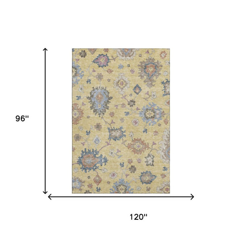 8' X 10' Gold Blue And Ivory Floral Washable Area Rug With UV Protection