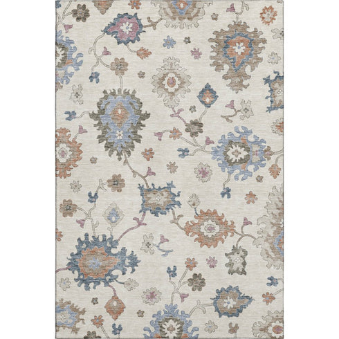 9' X 12' Ivory Blue And Coral Floral Washable Area Rug With UV Protection