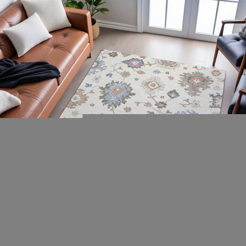 9' X 12' Ivory Blue And Coral Floral Washable Area Rug With UV Protection