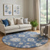 8' Navy Blue Copper And Gray Floral Washable Round Rug With UV Protection