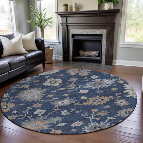8' Navy Blue Copper And Gray Floral Washable Round Rug With UV Protection