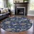 8' Navy Blue Copper And Gray Floral Washable Round Rug With UV Protection