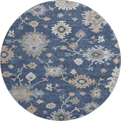 8' Navy Blue Copper And Gray Floral Washable Round Rug With UV Protection