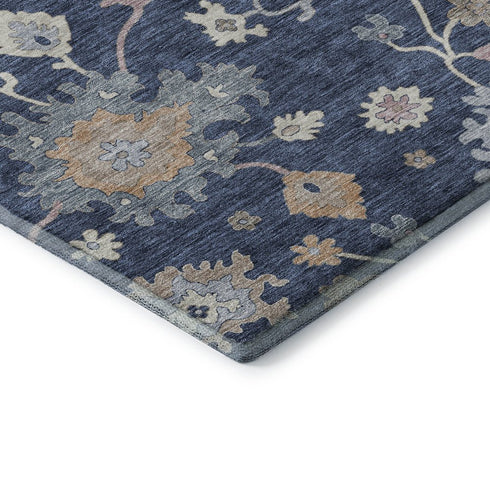 8' Navy Blue Copper And Gray Floral Washable Round Rug With UV Protection