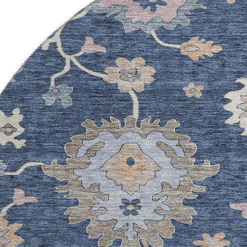 8' Navy Blue Copper And Gray Floral Washable Round Rug With UV Protection
