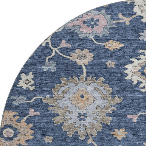 8' Navy Blue Copper And Gray Floral Washable Round Rug With UV Protection