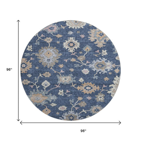 8' Navy Blue Copper And Gray Floral Washable Round Rug With UV Protection