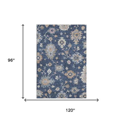 8' X 10' Navy Blue Copper And Gray Floral Washable Area Rug With UV Protection
