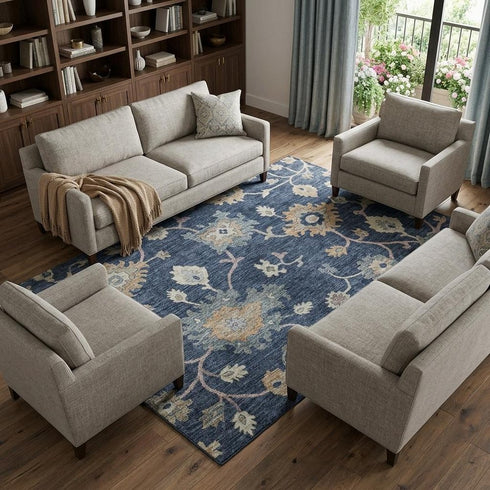 8' X 10' Navy Blue Copper And Gray Floral Washable Area Rug With UV Protection