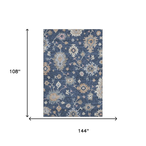 9' X 12' Navy Blue Copper And Gray Floral Washable Area Rug With UV Protection
