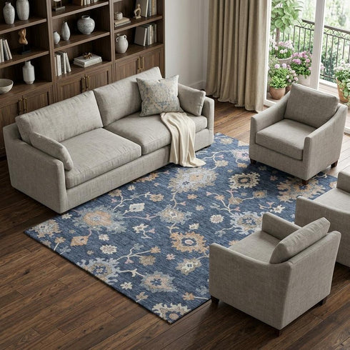 9' X 12' Navy Blue Copper And Gray Floral Washable Area Rug With UV Protection