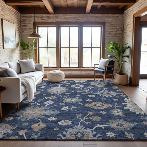 9' X 12' Navy Blue Copper And Gray Floral Washable Area Rug With UV Protection