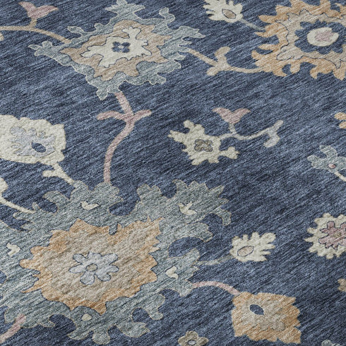 9' X 12' Navy Blue Copper And Gray Floral Washable Area Rug With UV Protection