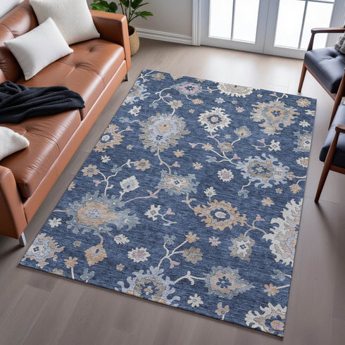 9' X 12' Navy Blue Copper And Gray Floral Washable Area Rug With UV Protection