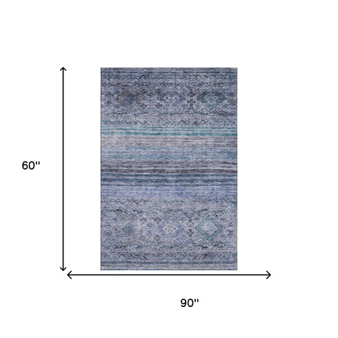 5' X 8' Blue Charcoal And Gray Abstract Geometric Washable Area Rug With UV Protection