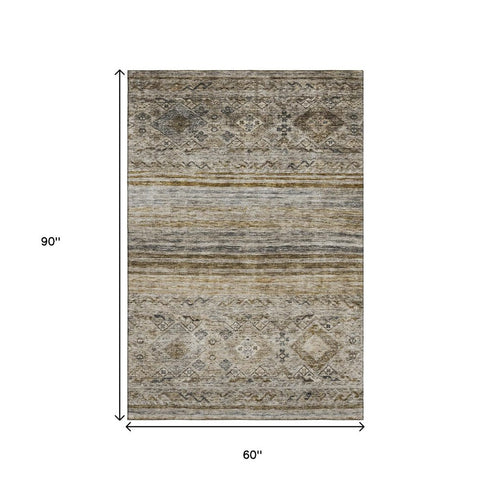 5' X 8' Brown Beige And Blue Abstract Geometric Washable Area Rug With UV Protection
