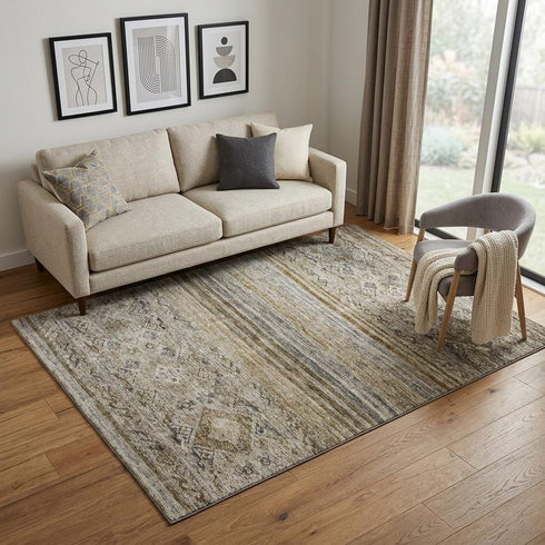 5' X 8' Brown Beige And Blue Abstract Geometric Washable Area Rug With UV Protection