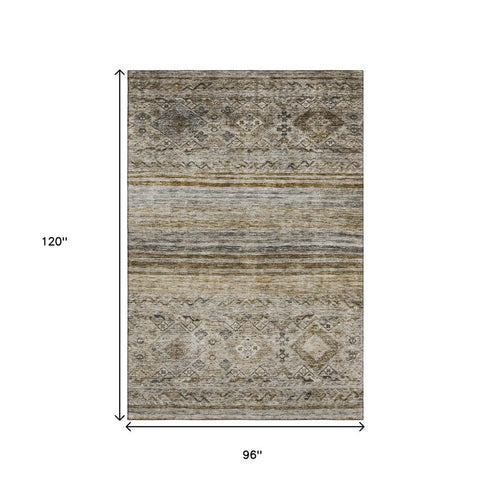 8' X 10' Brown Beige And Blue Abstract Geometric Washable Area Rug With UV Protection