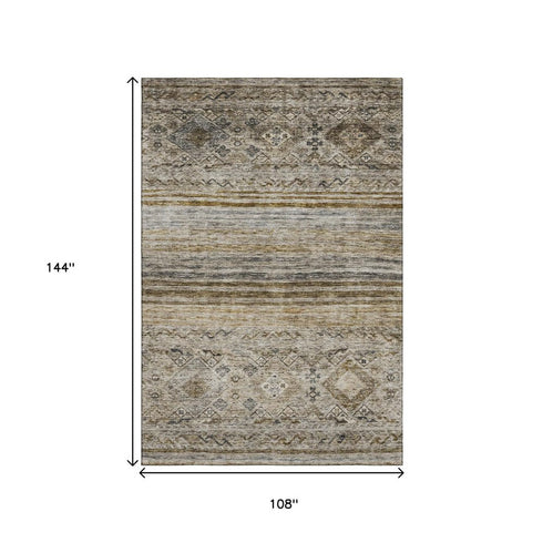 9' X 12' Brown Beige And Blue Abstract Geometric Washable Area Rug With UV Protection