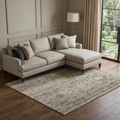 9' X 12' Brown Beige And Blue Abstract Geometric Washable Area Rug With UV Protection