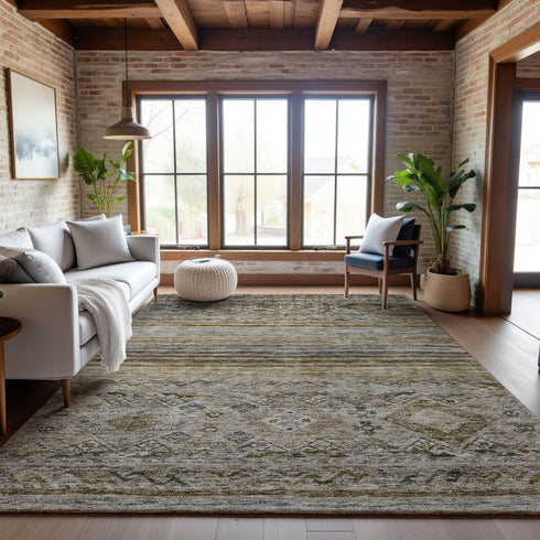 9' X 12' Brown Beige And Blue Abstract Geometric Washable Area Rug With UV Protection