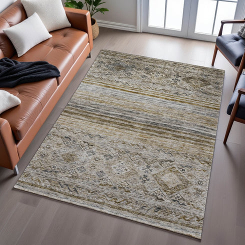9' X 12' Brown Beige And Blue Abstract Geometric Washable Area Rug With UV Protection