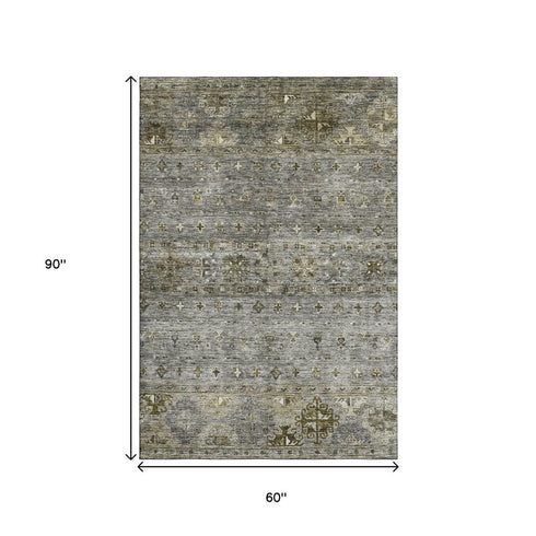 5' X 8' Pewter Olive Green And Beige Tribal Washable Area Rug With UV Protection