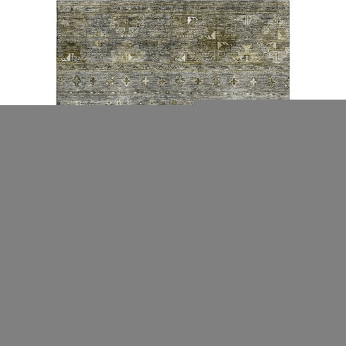 5' X 8' Pewter Olive Green And Beige Tribal Washable Area Rug With UV Protection