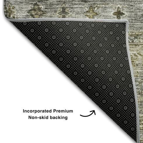 5' X 8' Pewter Olive Green And Beige Tribal Washable Area Rug With UV Protection