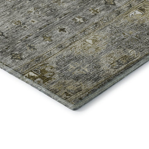 5' X 8' Pewter Olive Green And Beige Tribal Washable Area Rug With UV Protection