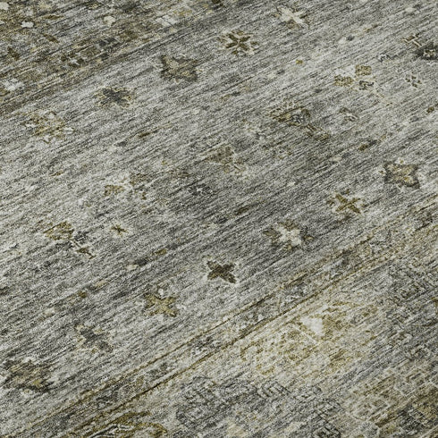 5' X 8' Pewter Olive Green And Beige Tribal Washable Area Rug With UV Protection
