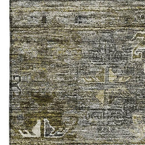 5' X 8' Pewter Olive Green And Beige Tribal Washable Area Rug With UV Protection