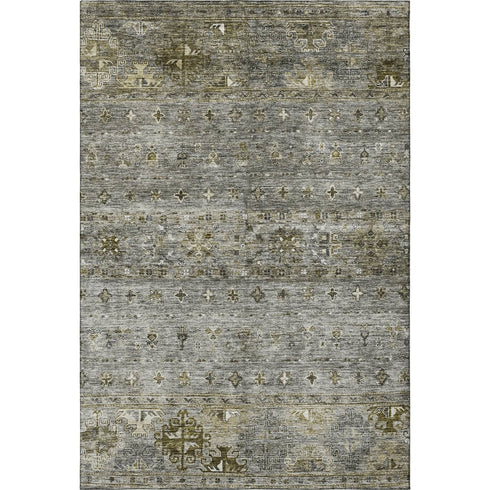 5' X 8' Pewter Olive Green And Beige Tribal Washable Area Rug With UV Protection