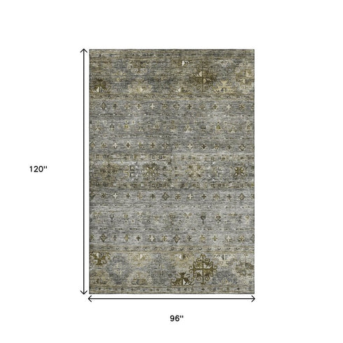 8' X 10' Pewter Olive Green And Beige Tribal Washable Area Rug With UV Protection