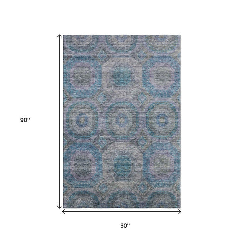 5' X 8' Blue Gray And Silver Geometric Washable Area Rug With UV Protection