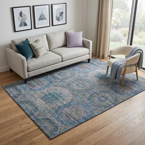 5' X 8' Blue Gray And Silver Geometric Washable Area Rug With UV Protection
