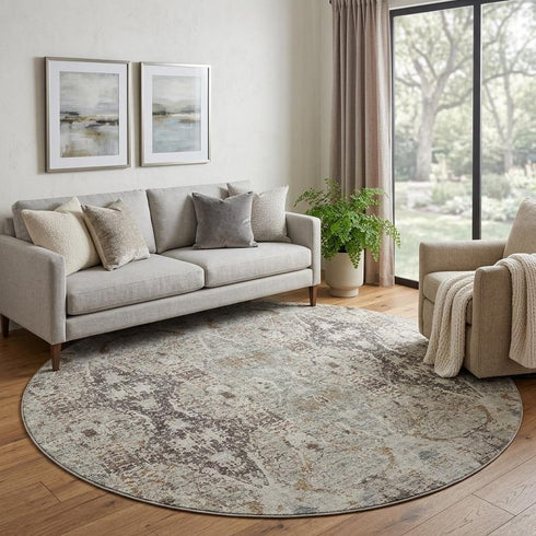 8' Linen Gray And Silver Abstract Washable Round Rug With UV Protection