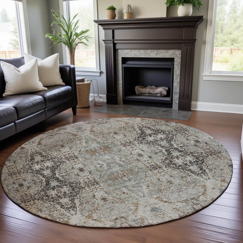 8' Linen Gray And Silver Abstract Washable Round Rug With UV Protection