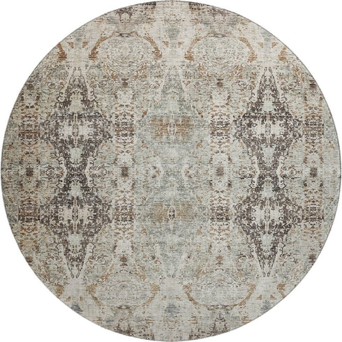8' Linen Gray And Silver Abstract Washable Round Rug With UV Protection
