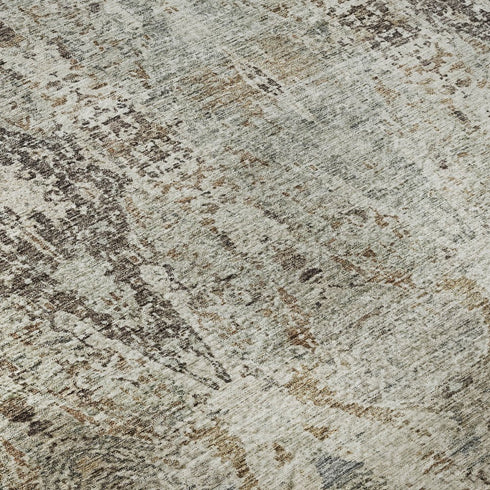 8' Linen Gray And Silver Abstract Washable Round Rug With UV Protection