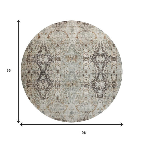 8' Linen Gray And Silver Abstract Washable Round Rug With UV Protection