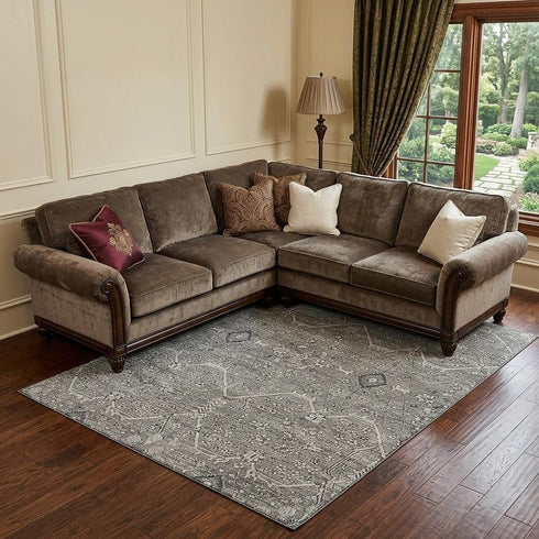 8' Pewter Gray And Silver Floral Washable Area Rug With UV Protection