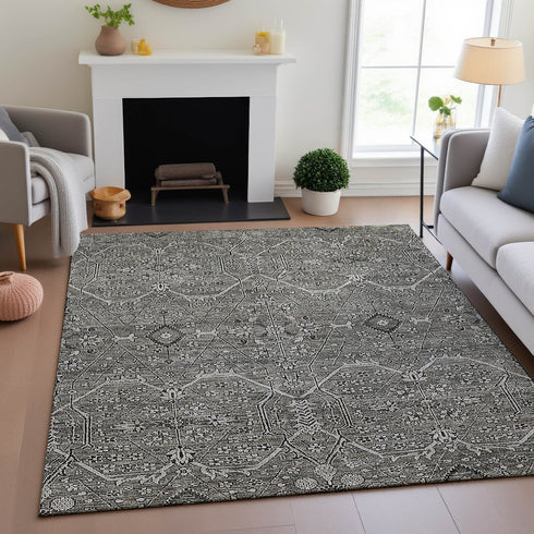 8' Pewter Gray And Silver Floral Washable Area Rug With UV Protection