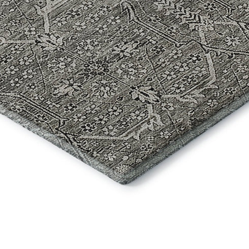 8' Pewter Gray And Silver Floral Washable Area Rug With UV Protection