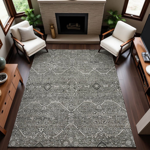 8' Pewter Gray And Silver Floral Washable Area Rug With UV Protection