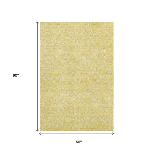 5' X 8' Gold And Ivory Floral Washable Area Rug With UV Protection